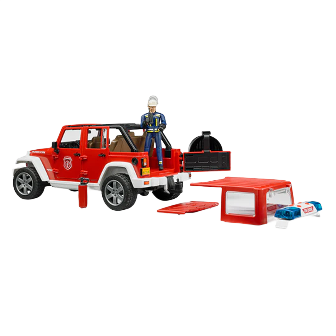 Red and white toy Jeep Rubicon fire rescue vehicle with fireman figure and removable accessories for play