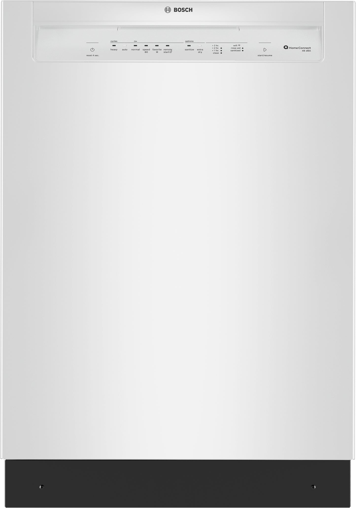 24-inch white Bosch dishwasher front with control panel and Home Connect feature in kitchen appliances collection
