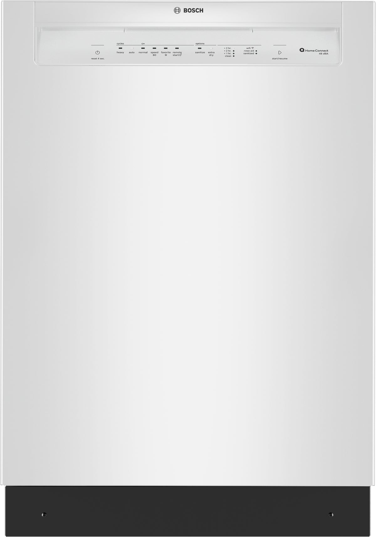 24-inch white Bosch dishwasher front with control panel and Home Connect feature in kitchen appliances collection