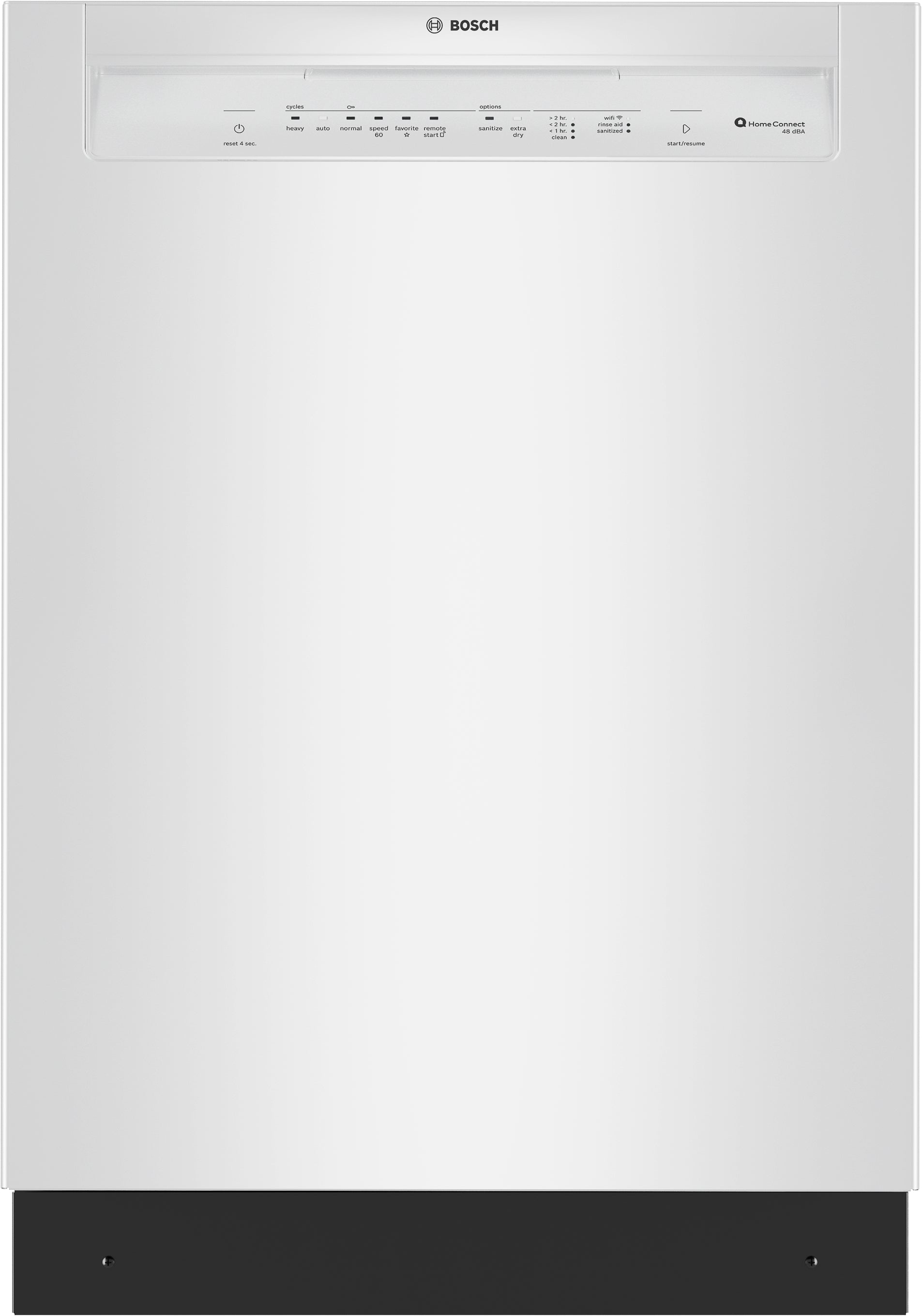 24-inch white Bosch dishwasher front with control panel and Home Connect feature in kitchen appliances collection