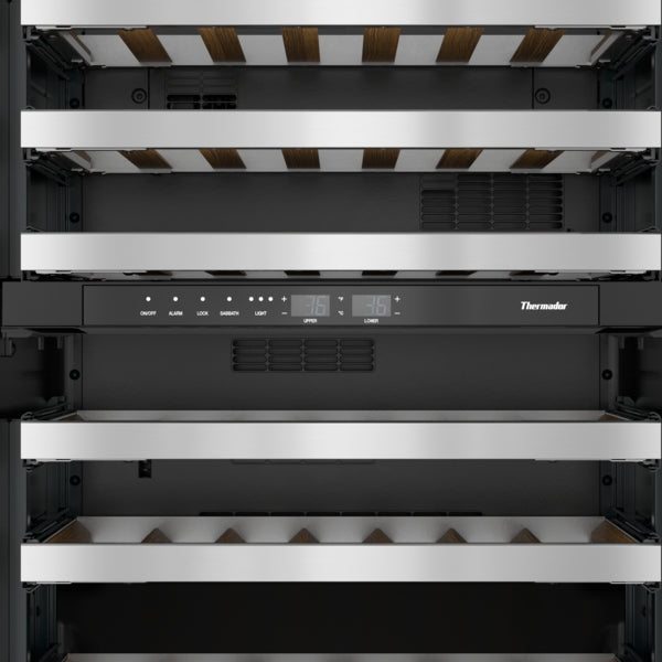 Thermador under counter wine cooler interior with wood-accented shelves, stainless steel racks, and digital control panel