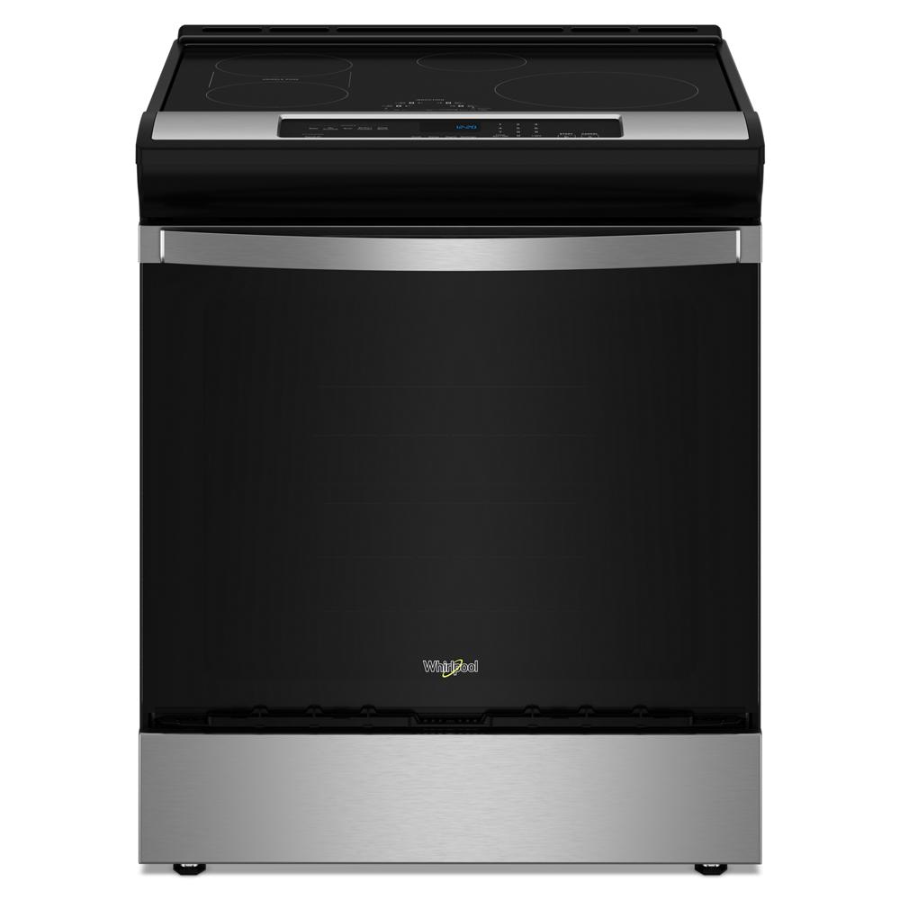 black and stainless steel 30-inch induction range with smooth cooktop and digital control panel in kitchen appliances collection