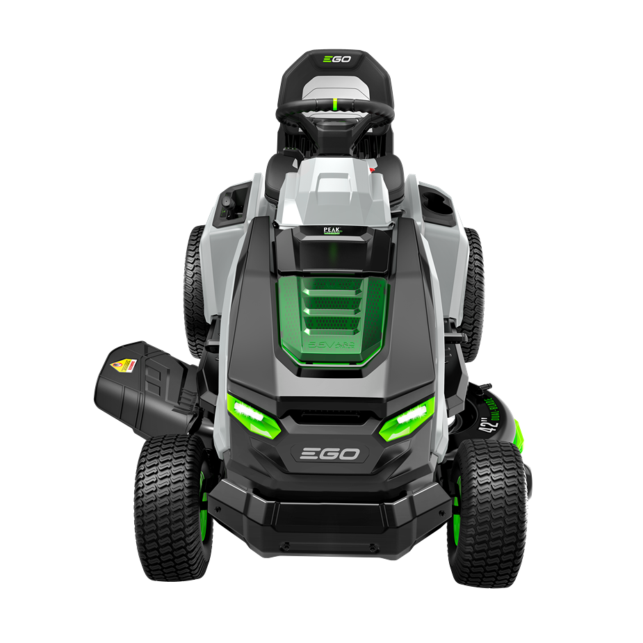 Front view of a gray and black EGO battery powered lawn tractor with green accents for outdoor power equipment and lawn care.