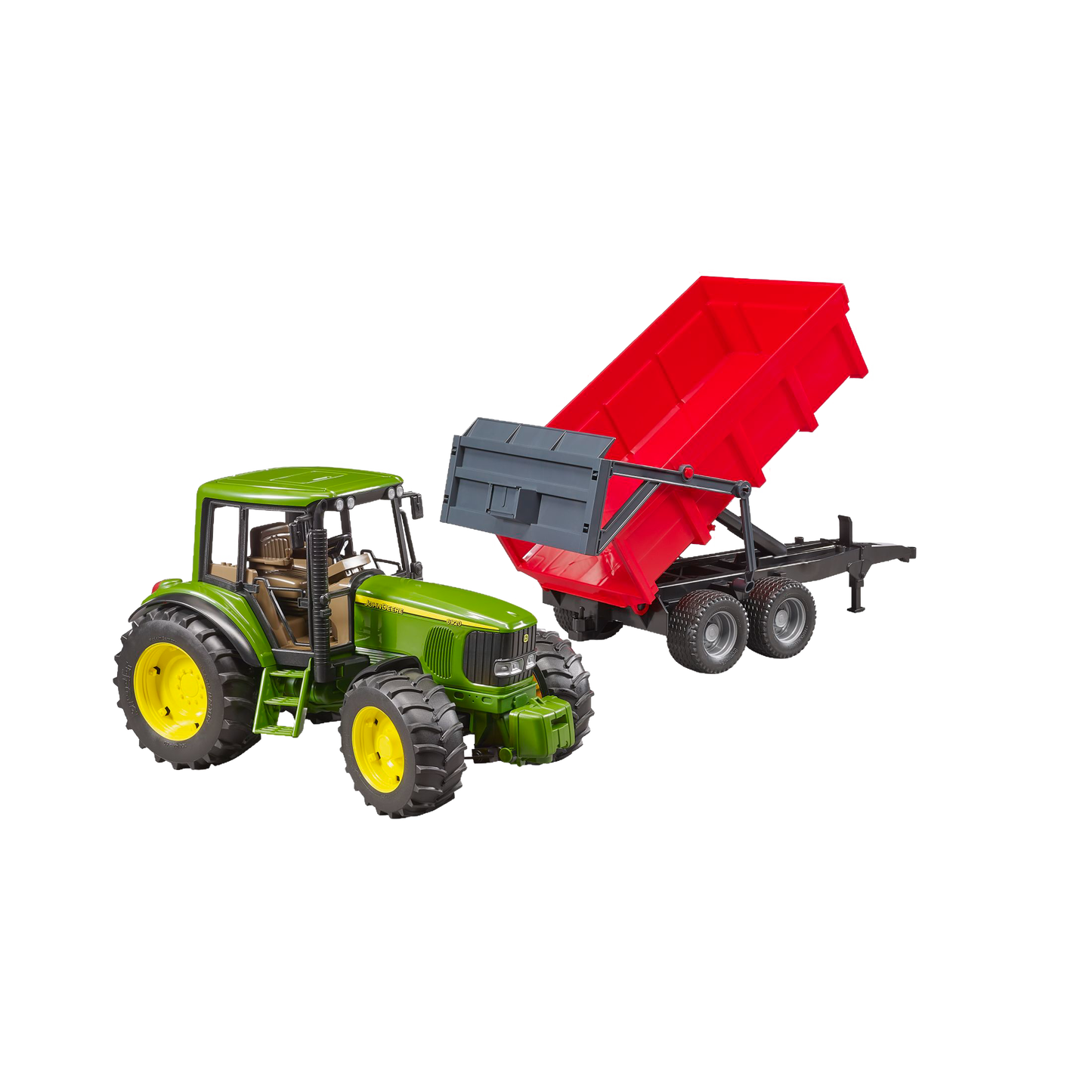 Green tractor toy with detailed cabin and yellow wheels attached to a red tipping trailer for Bruder Toys collection