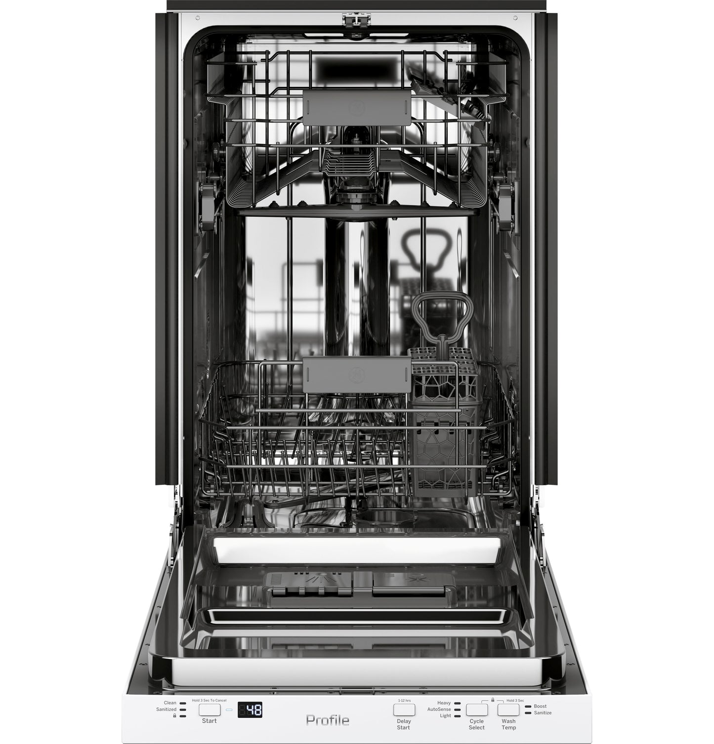 Open stainless steel interior dishwasher with racks and adjustable utensil holder in kitchen appliances collection