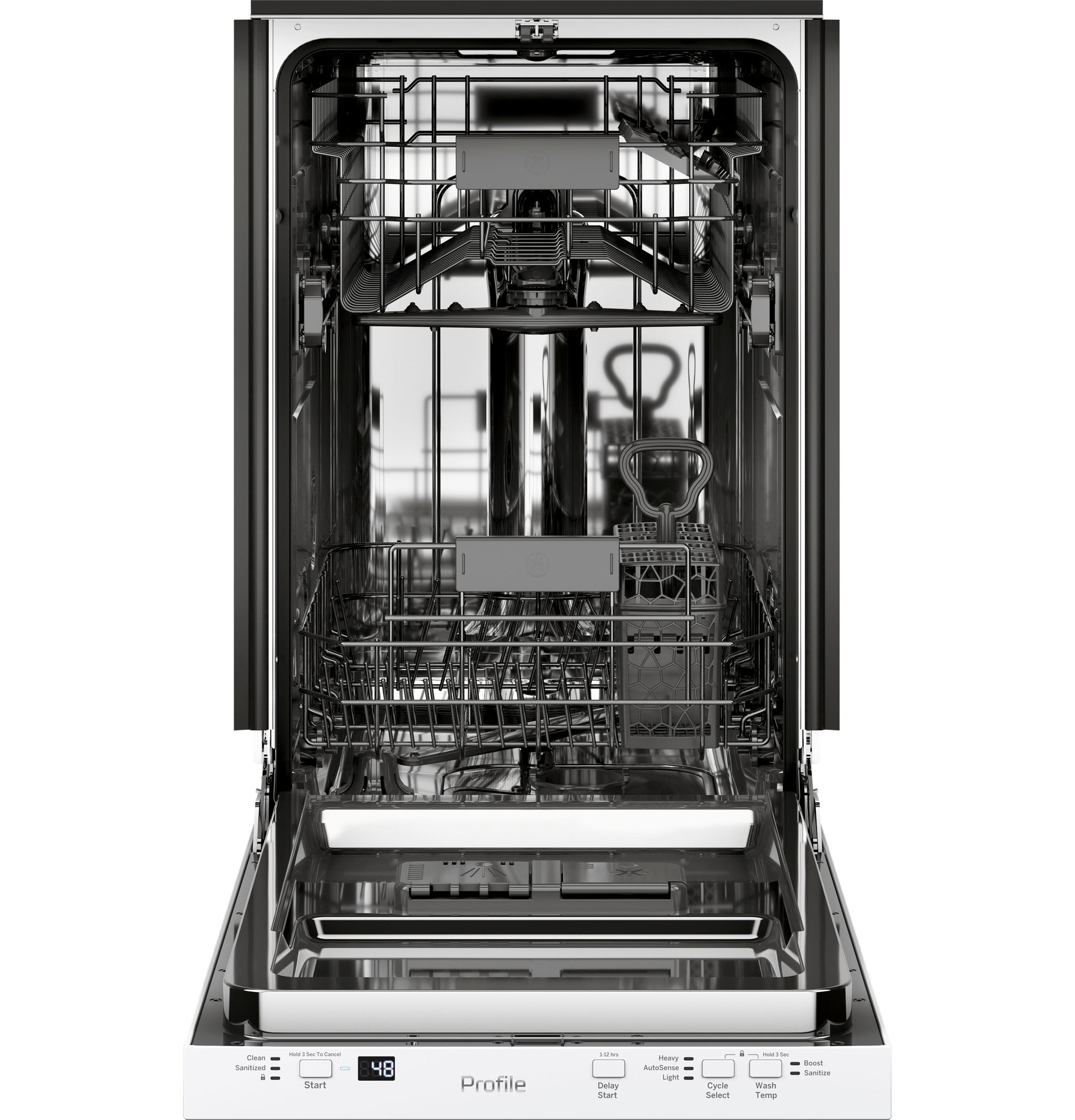 Open stainless steel interior dishwasher with racks and adjustable utensil holder in kitchen appliances collection