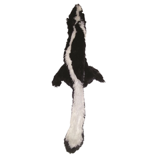 Black and white plush mini skunk dog toy with soft fur texture for pet play and enjoyment