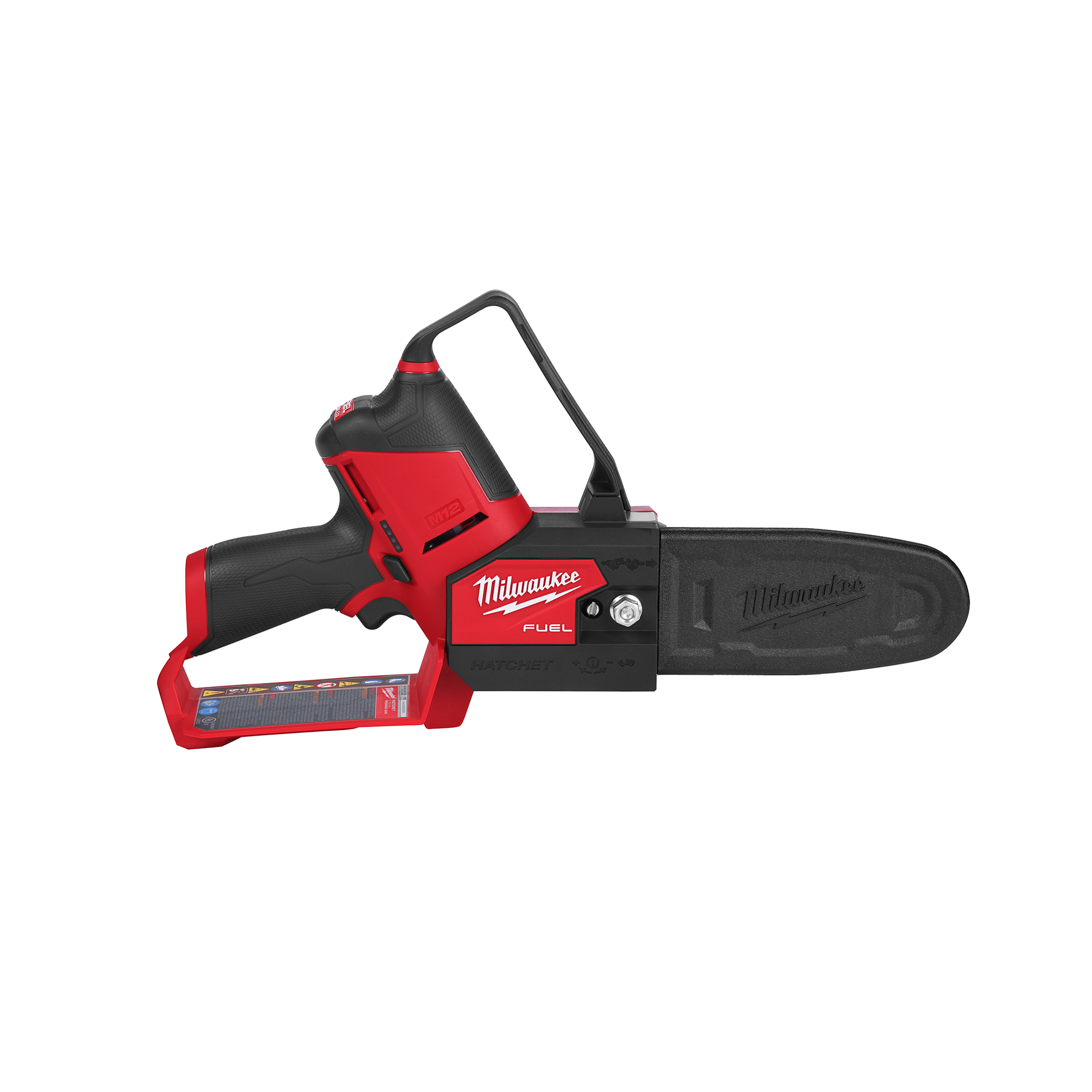 Cordless red and black pruning saw with ergonomic handle and blade cover for home improvement tools and outdoor cutting tasks