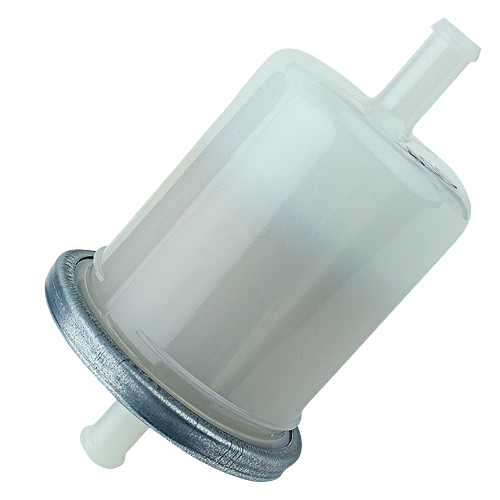 White plastic fuel filter with metal base ring and two nozzle connectors for equipment maintenance and repair