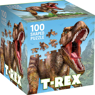 Box featuring a 100-piece shaped puzzle of a roaring Tyrannosaurus Rex, part of Toys & Games and Puzzles collections.
