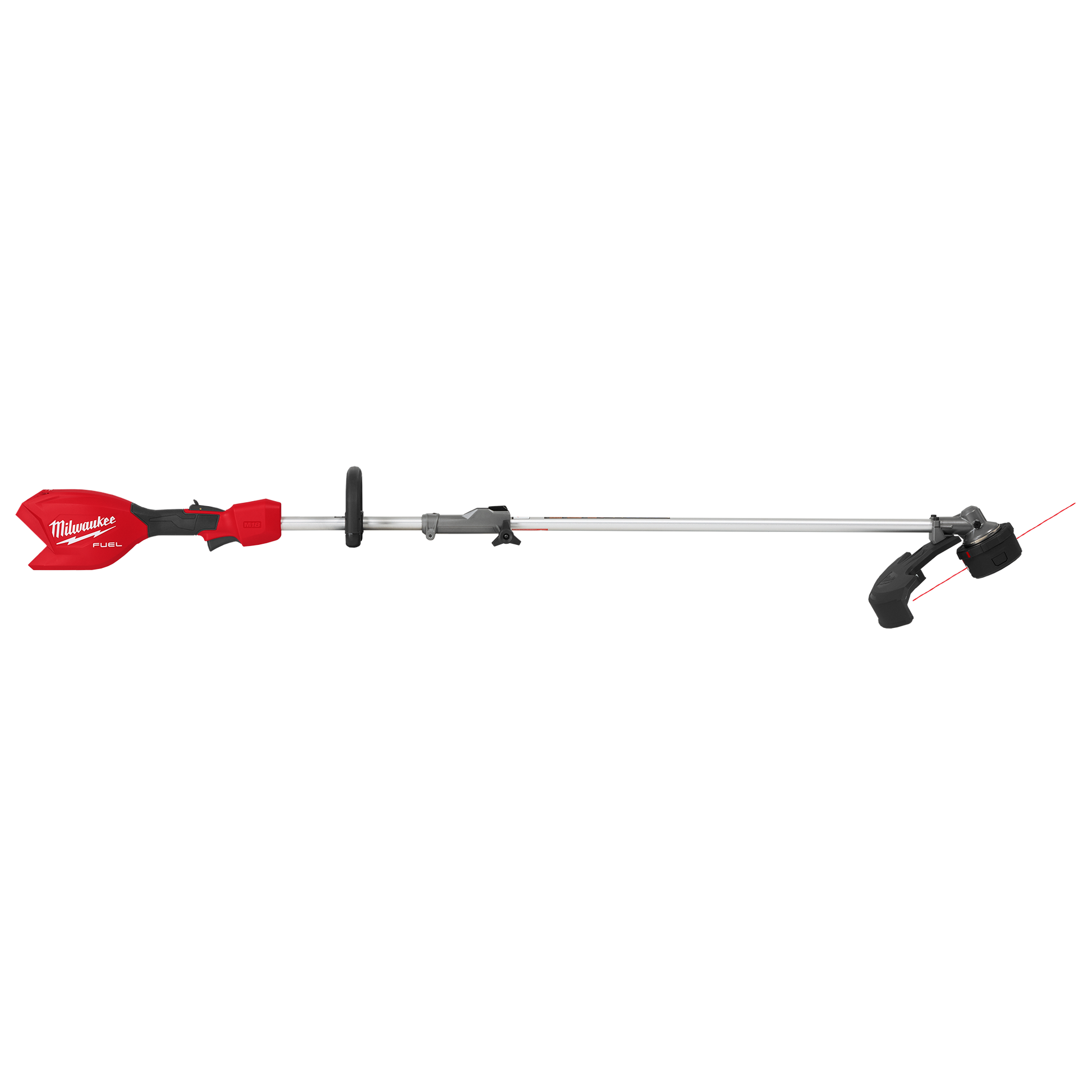 Cordless red and black string trimmer with adjustable shaft and QUIK-LOK attachment for efficient lawn care and home improvement tasks