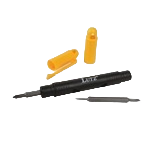 Compact black multi-bit screwdriver with yellow caps, suitable for home improvement and tool use