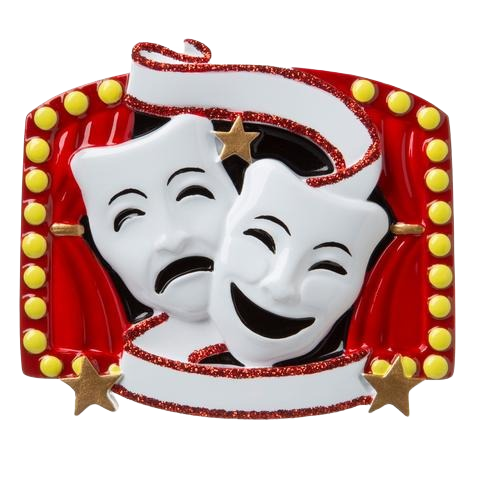 Red and white theatre mask ornament with glitter accents, gold stars, and red curtain design from Christmas Ornaments & Tree Decorations collection