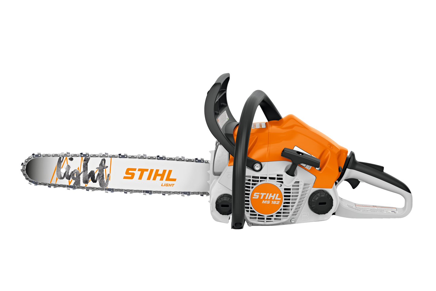 Orange and white gas-powered chainsaw with 16-inch bar, ergonomic handles for home improvement tasks