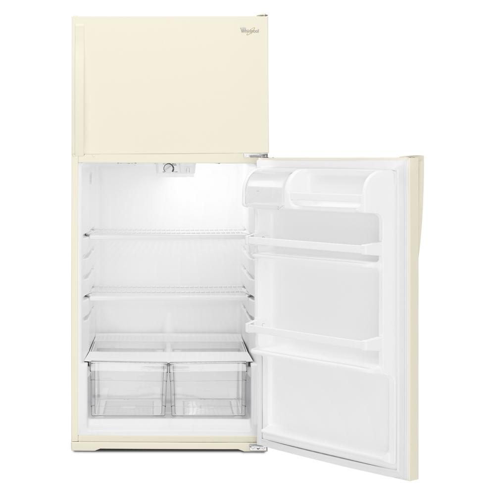 Cream Whirlpool top freezer refrigerator with open door showing interior shelving and vegetable drawers in kitchen appliances collection