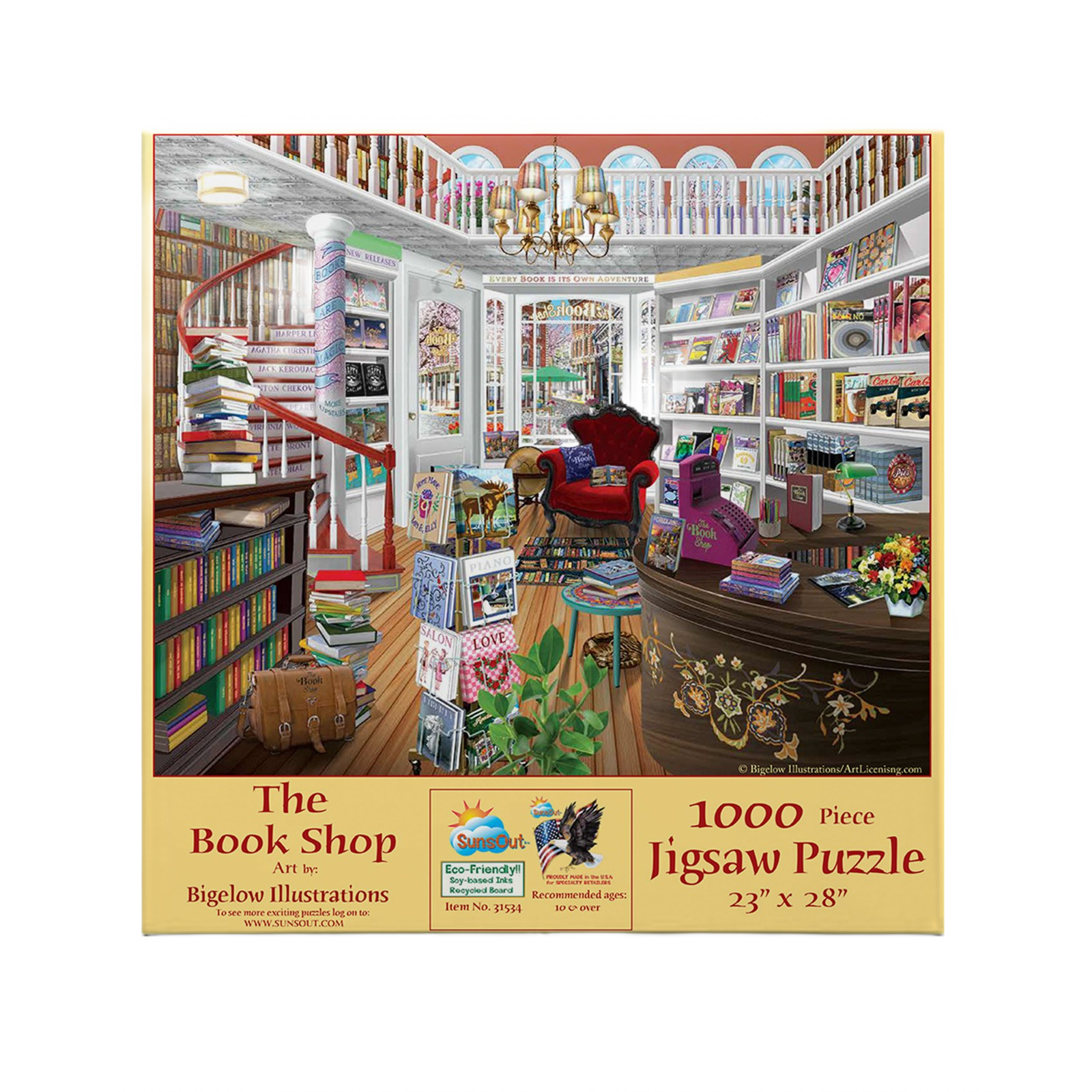 Detailed indoor scene of a cozy bookshop with shelves, spiral staircase, and a vintage armchair centerpiece