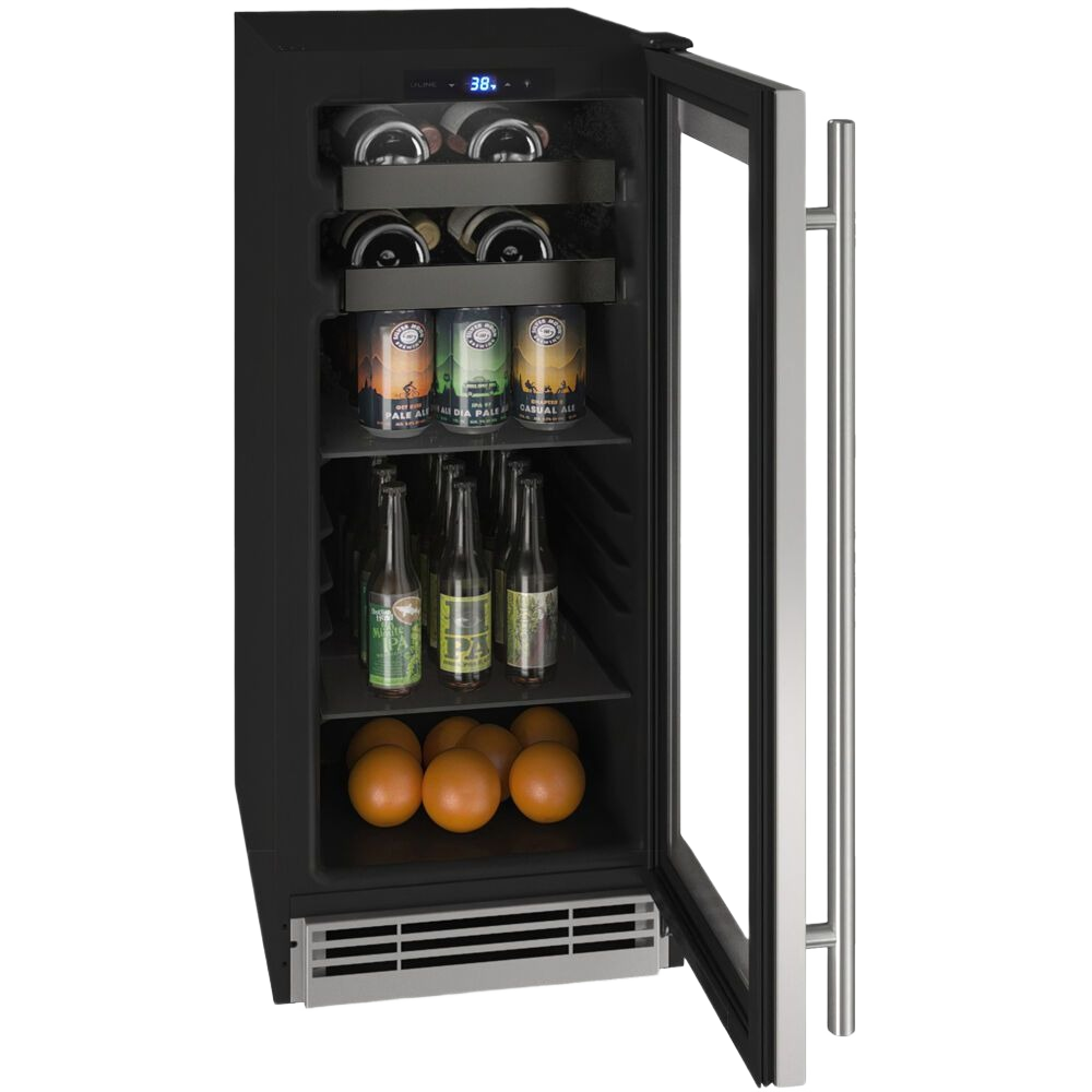 Compact beverage cooler with glass door, stainless steel handle, digital display, adjustable shelves, and drink storage