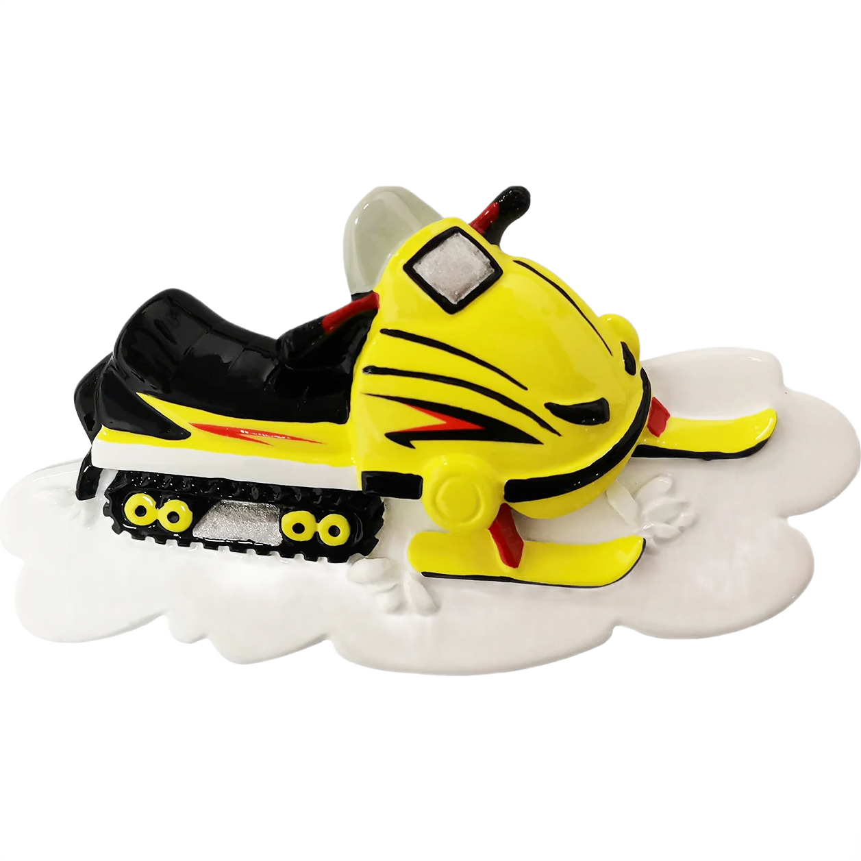 Yellow snowmobile ornament with black and red details resting on snow base for Christmas Ornaments & Tree Decorations collection under $50