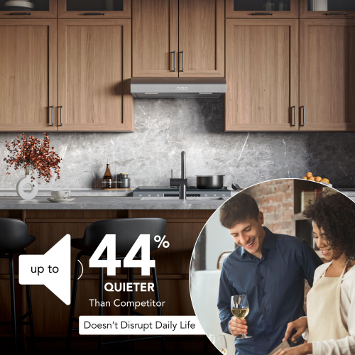 Under cabinet range hood in wood kitchen setting with gray marble backsplash and quiet operation graphics