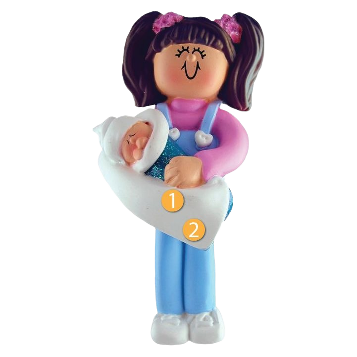 Personalized brunette big sister figure holding wrapped baby in Christmas Ornaments & Tree Decorations under $50 collection