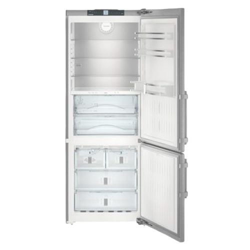 30-inch fridge-freezer with open doors showing spacious interior, clear drawers, and stainless steel accents in appliances collection