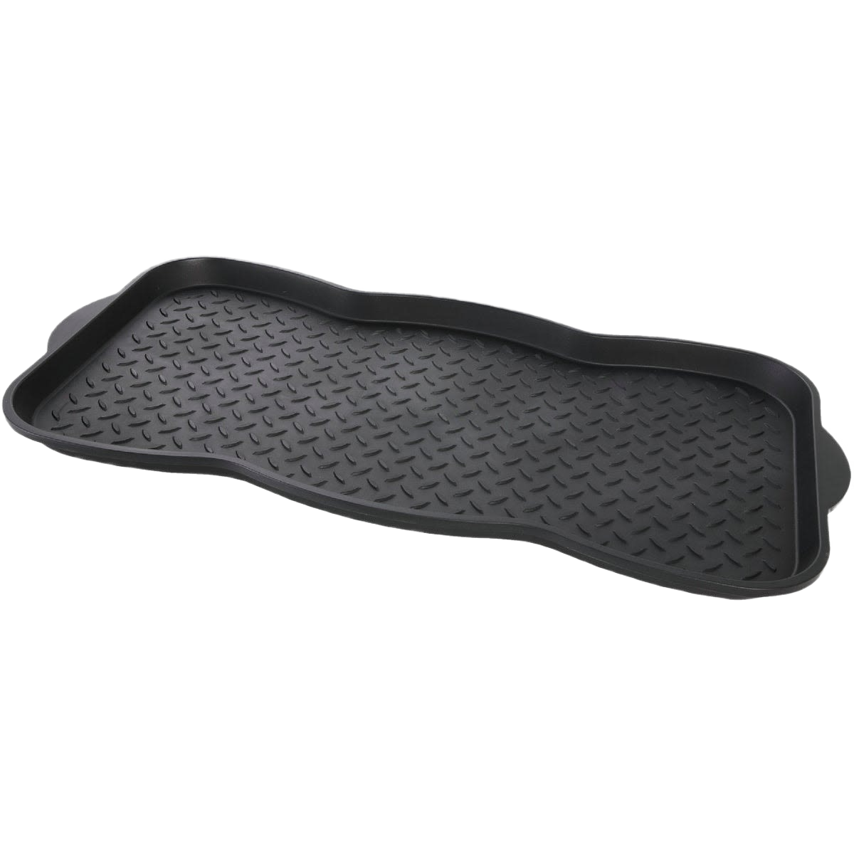 Black contoured boot tray made from recycled plastic with textured surface for mud and water containment in entryways