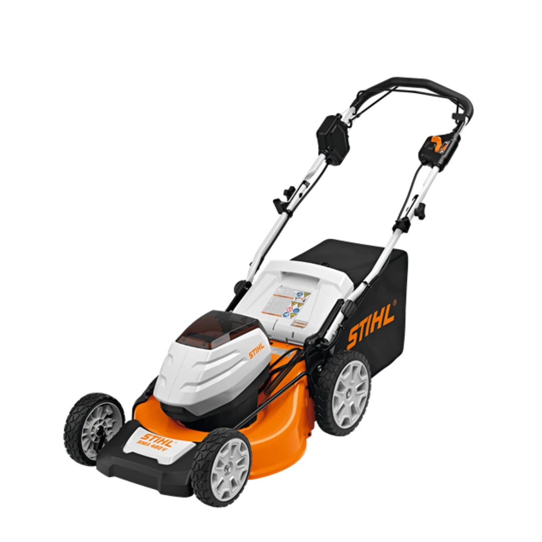 Orange and white battery-powered self-propelled lawn mower with black grass catcher and adjustable handle for outdoor power equipment