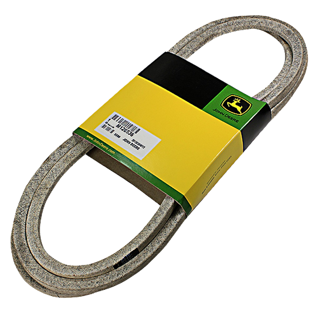 Woven drive belt with yellow and green packaging, designed for outdoor equipment maintenance and home improvement tasks