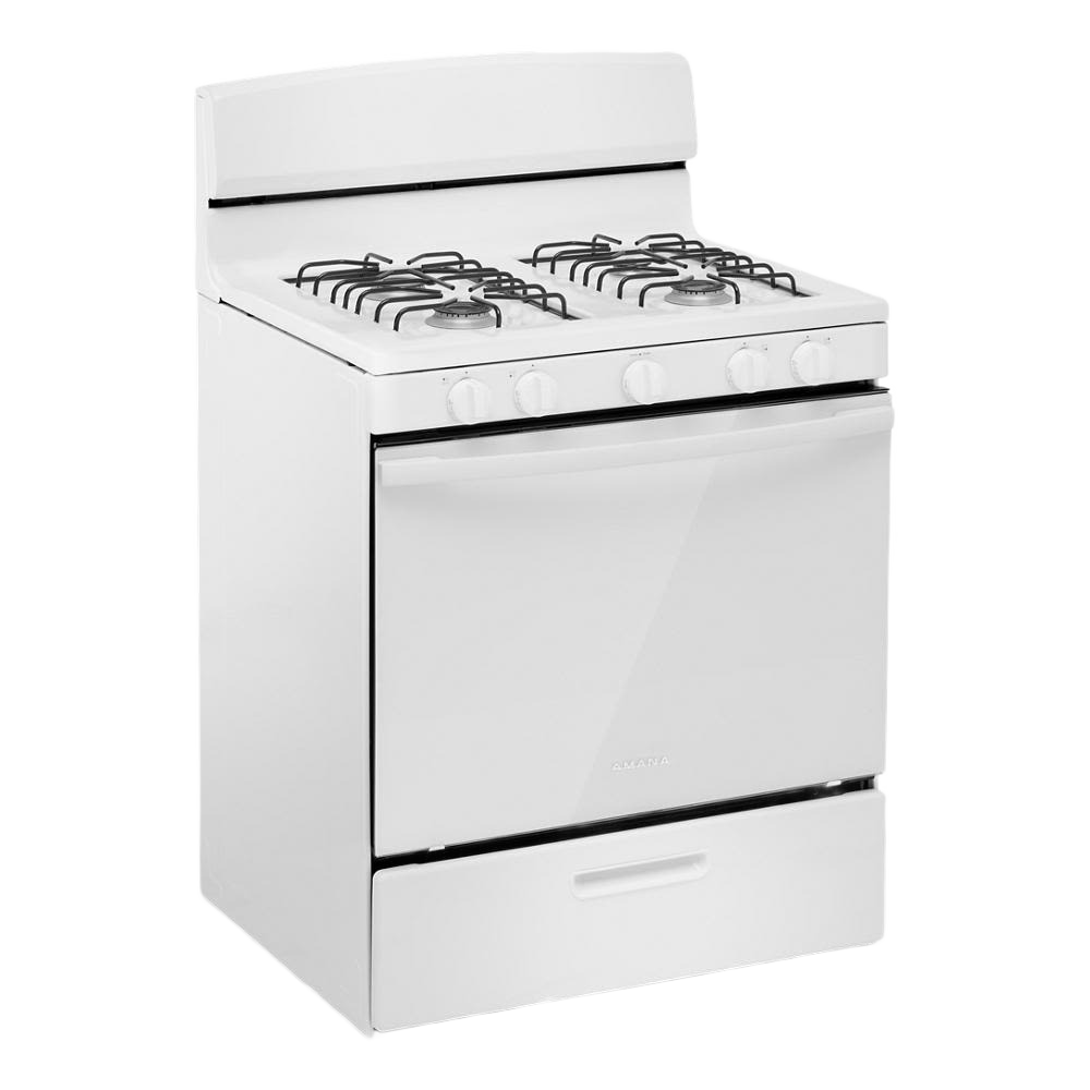 white 30-inch gas range with four burners and easy-clean glass oven door for kitchen and home improvement