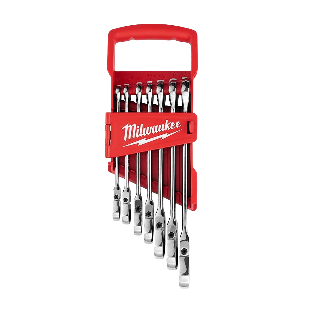 Set of seven SAE flex head ratcheting combination wrenches in red plastic organizer for tools and home improvement use