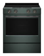 Dark green 30-inch slide-in electric range with four control knobs, smooth cooktop with two Even-Heat™ Hyper Elements, large oven window, part of Ranges, Electric Ranges, Kitchen & Kitchenware, KitchenAid, Appliances, and Ranges & Cooktops collections.