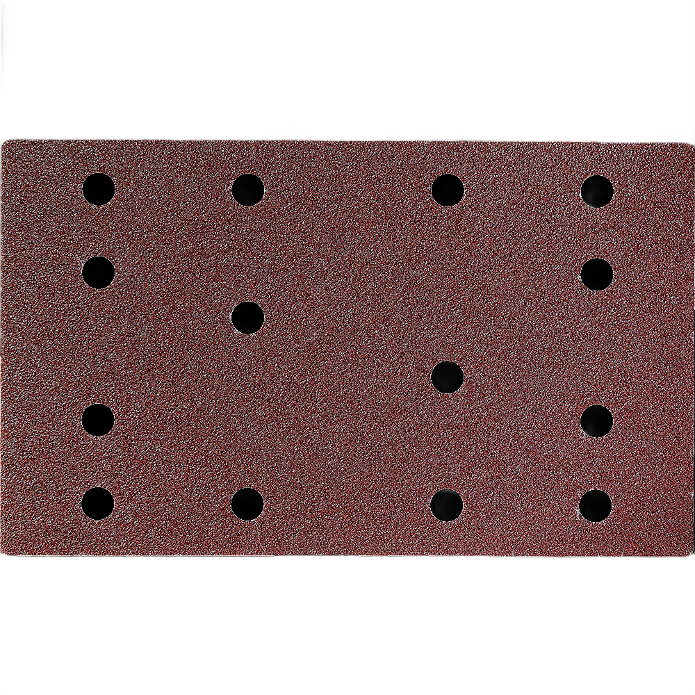 Rectangular dark brown sanding abrasive sheet with evenly spaced round holes for powder tool accessories.