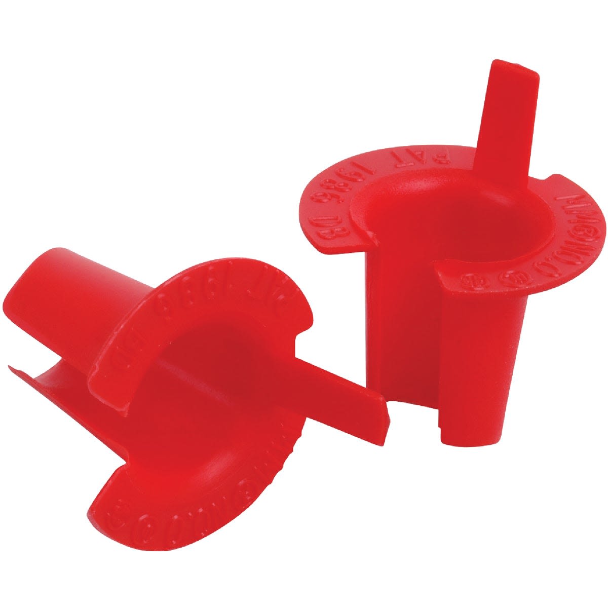 Two red plastic conduit bushings designed to prevent shorts in home improvement and electrical tools use