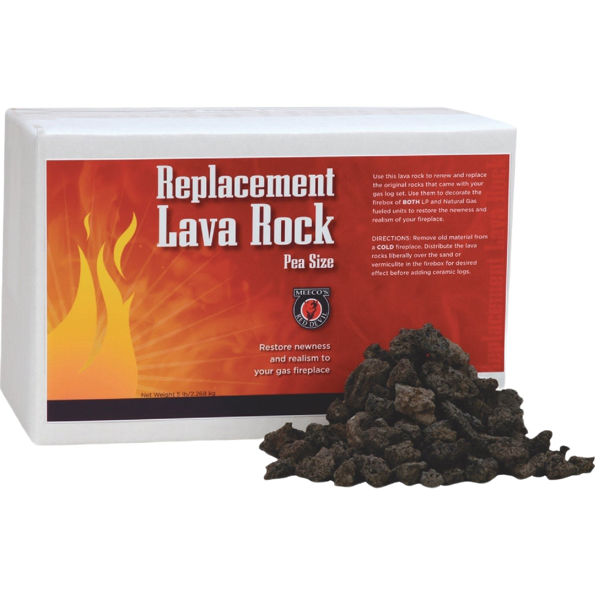 Pile of dark red lava rocks next to a box labeled Replacement Lava Rock for gas fireplaces and home use