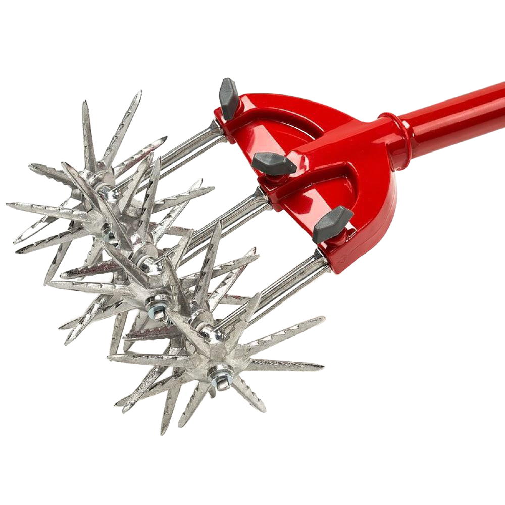 Steel cultivator and tiller with red handle and sharp rotating blades for garden and outdoor hand tools use