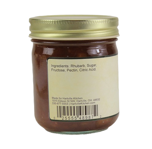 Ingredients label on a 9 oz jar of Hartville Kitchen rhubarb jam in jams and jellies food and beverage collections