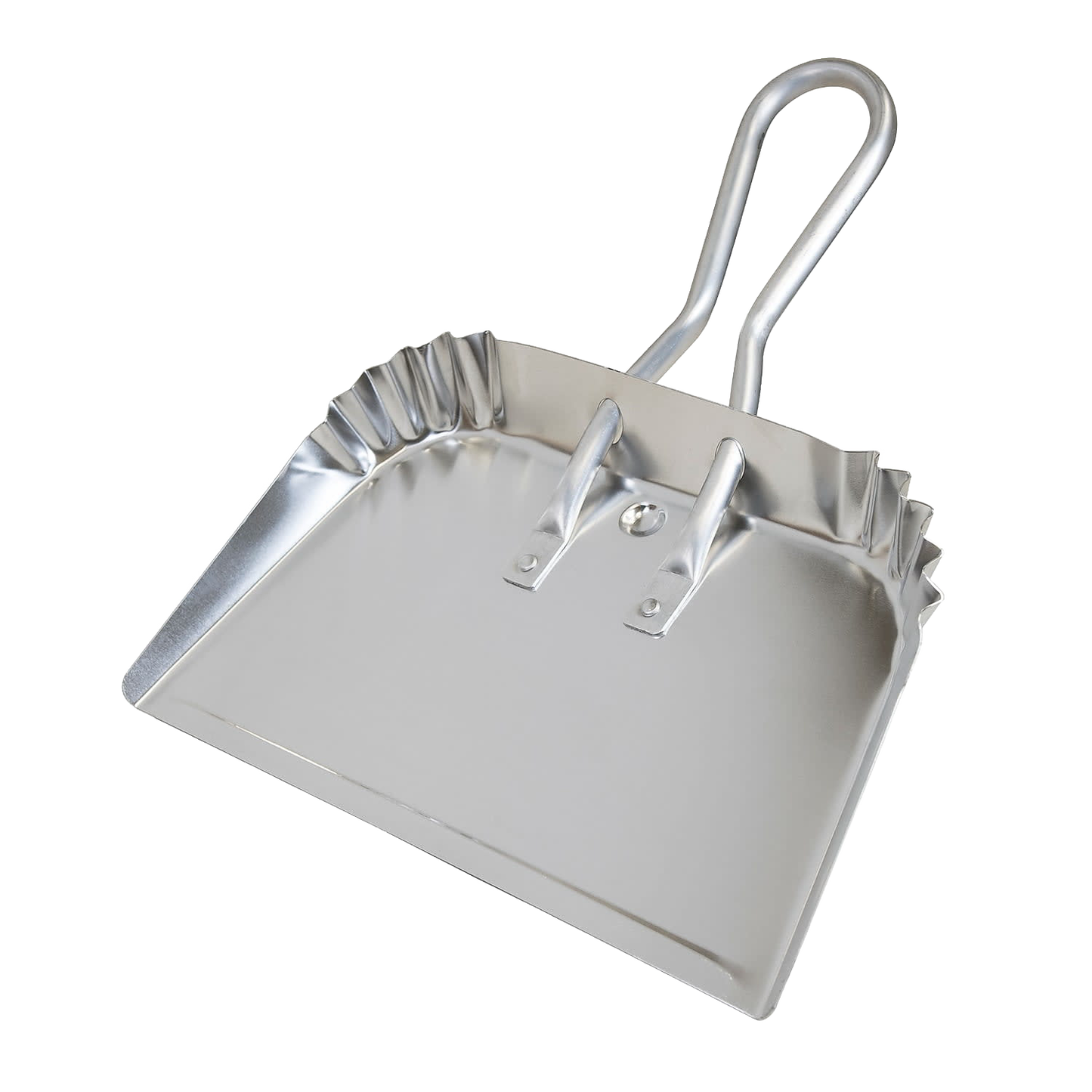Large metal dust pan with reinforced edges and handle for household cleaning and home improvement tasks