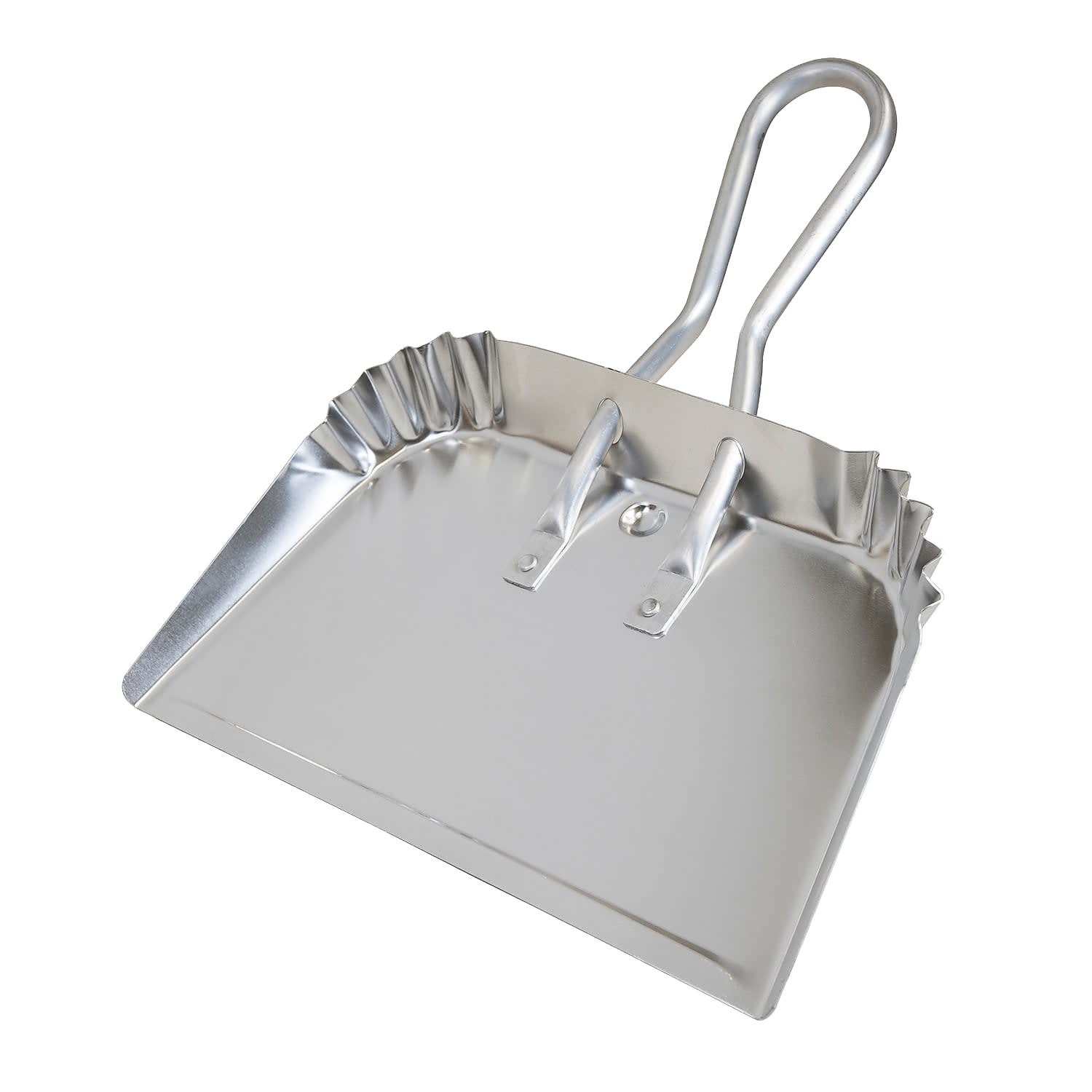 Large metal dust pan with reinforced edges and handle for household cleaning and home improvement tasks