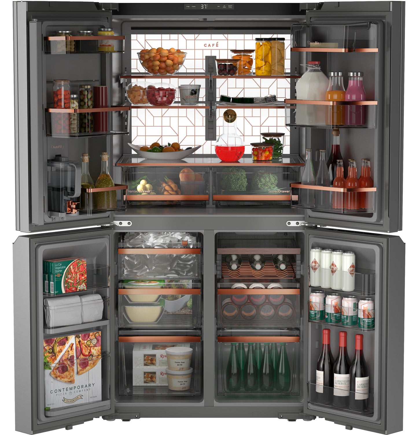 Smart quad-door refrigerator in platinum glass with organized storage and dual-dispense AutoFill pitcher from appliances collection