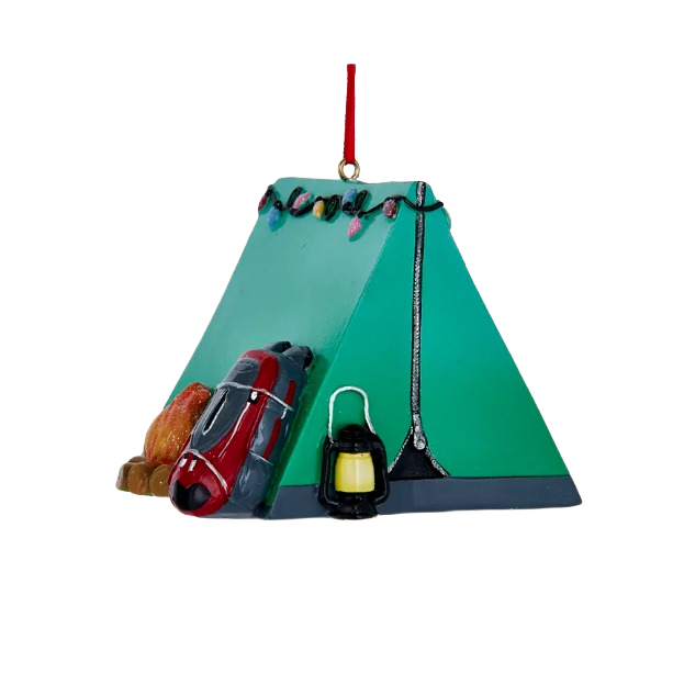 Green camping tent ornament decorated with string lights, lantern, and sleeping bag for Christmas tree décor