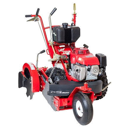 Red self-propelled power edger with black fuel tank, adjustable handles, and rugged rear blades for landscaping in Outdoor Power Equipment rentals at Hartville Hardware.