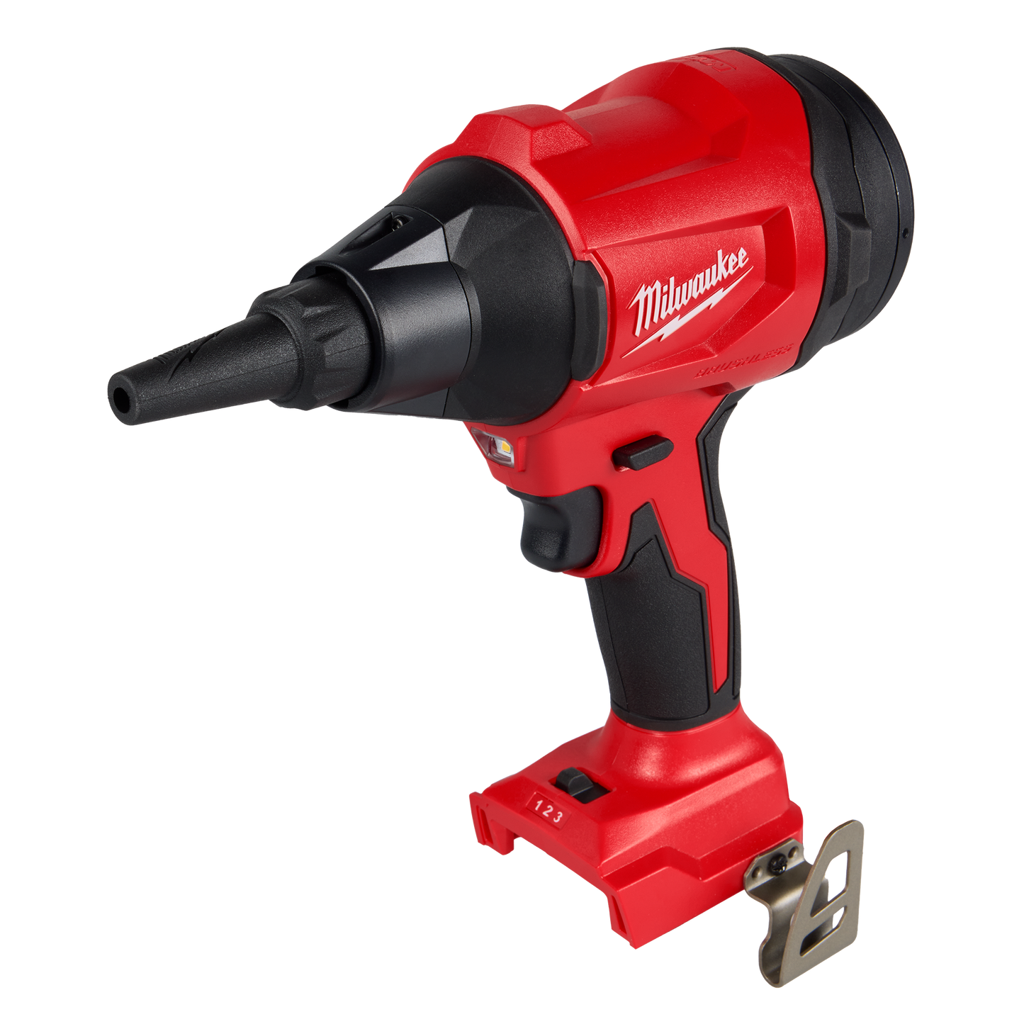 Red and black cordless blower with brushless motor and ergonomic handle, designed for precision cleaning in Milwaukee Power Tools at Hartville Hardware.
