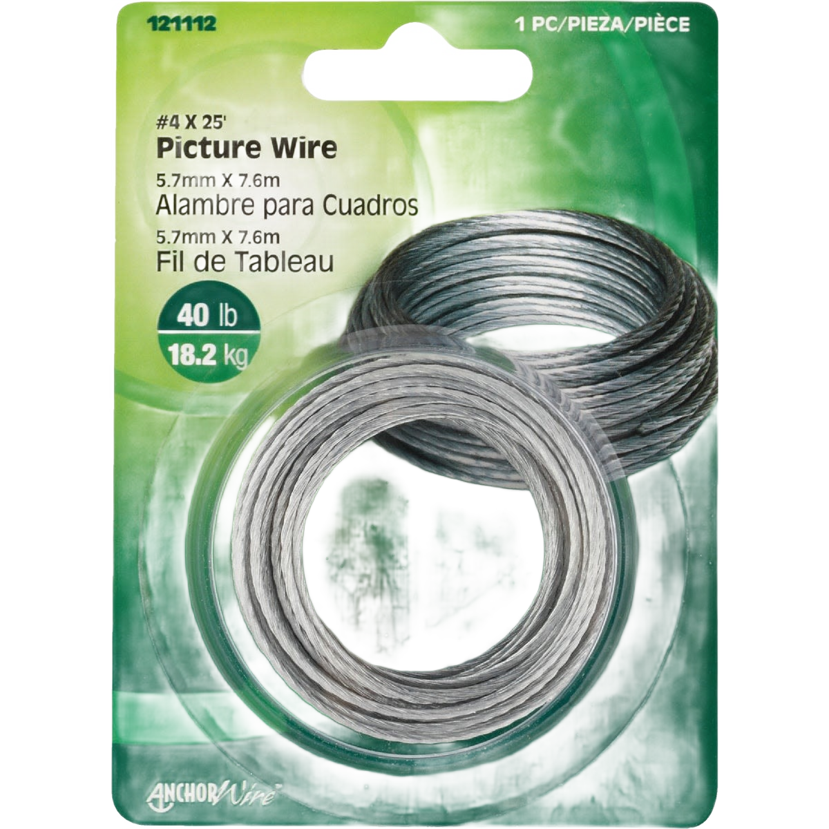Coiled 40 lb capacity picture hanging wire in clear packaging for hardware and home improvement projects
