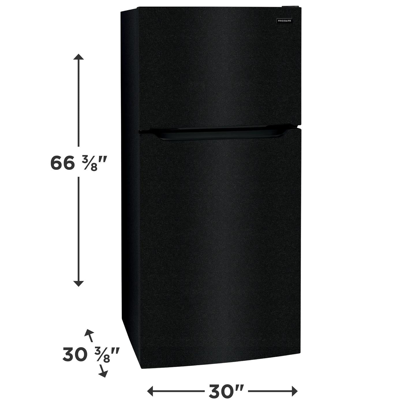 Black top freezer refrigerator with clean design shown with height and width dimensions for kitchen appliances.