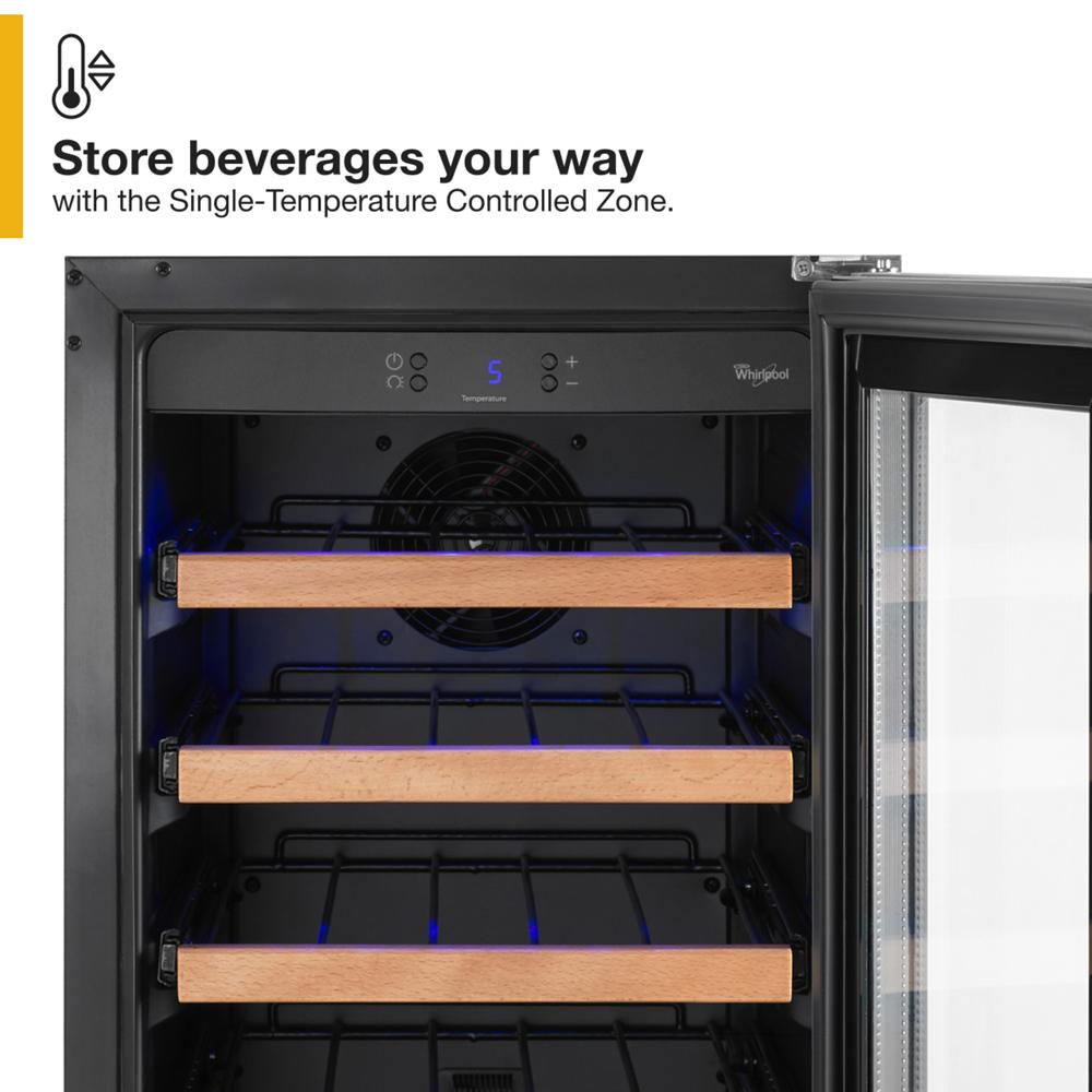 Open undercounter wine center with wooden towel handle bars and temperature control display in kitchen appliances collection