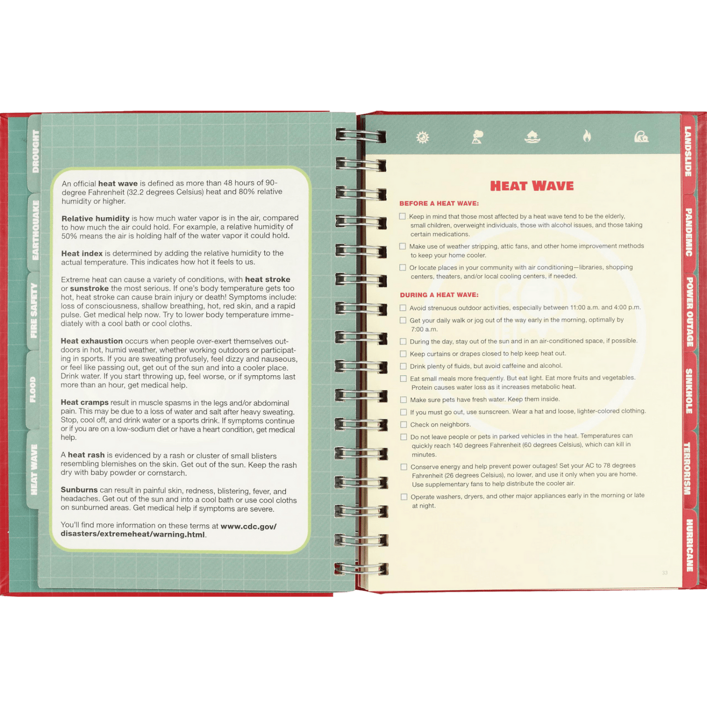 Open spiral-bound emergency logbook opened to heat wave safety advice and tips from Books and Under $50 collections