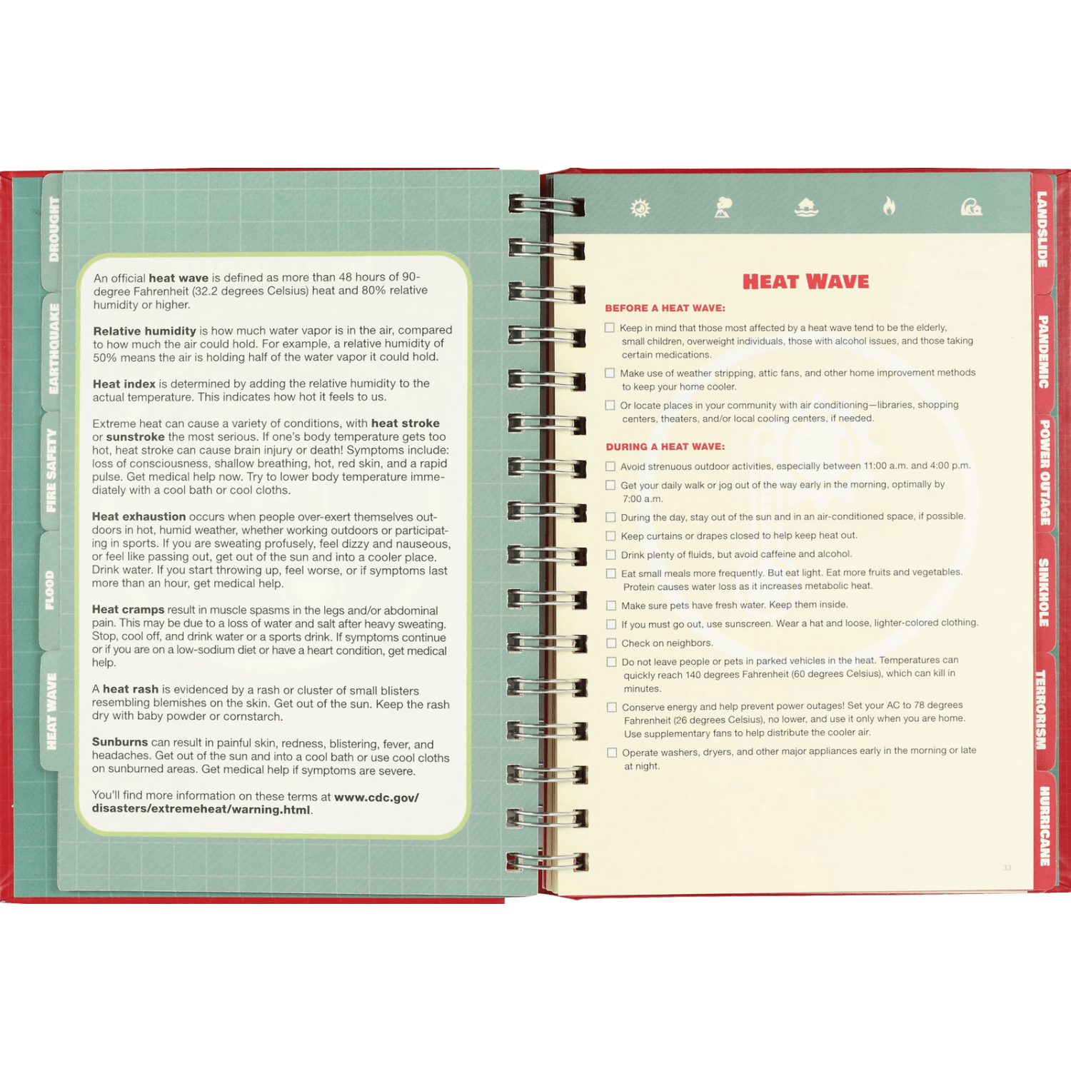 Open spiral-bound emergency logbook opened to heat wave safety advice and tips from Books and Under $50 collections