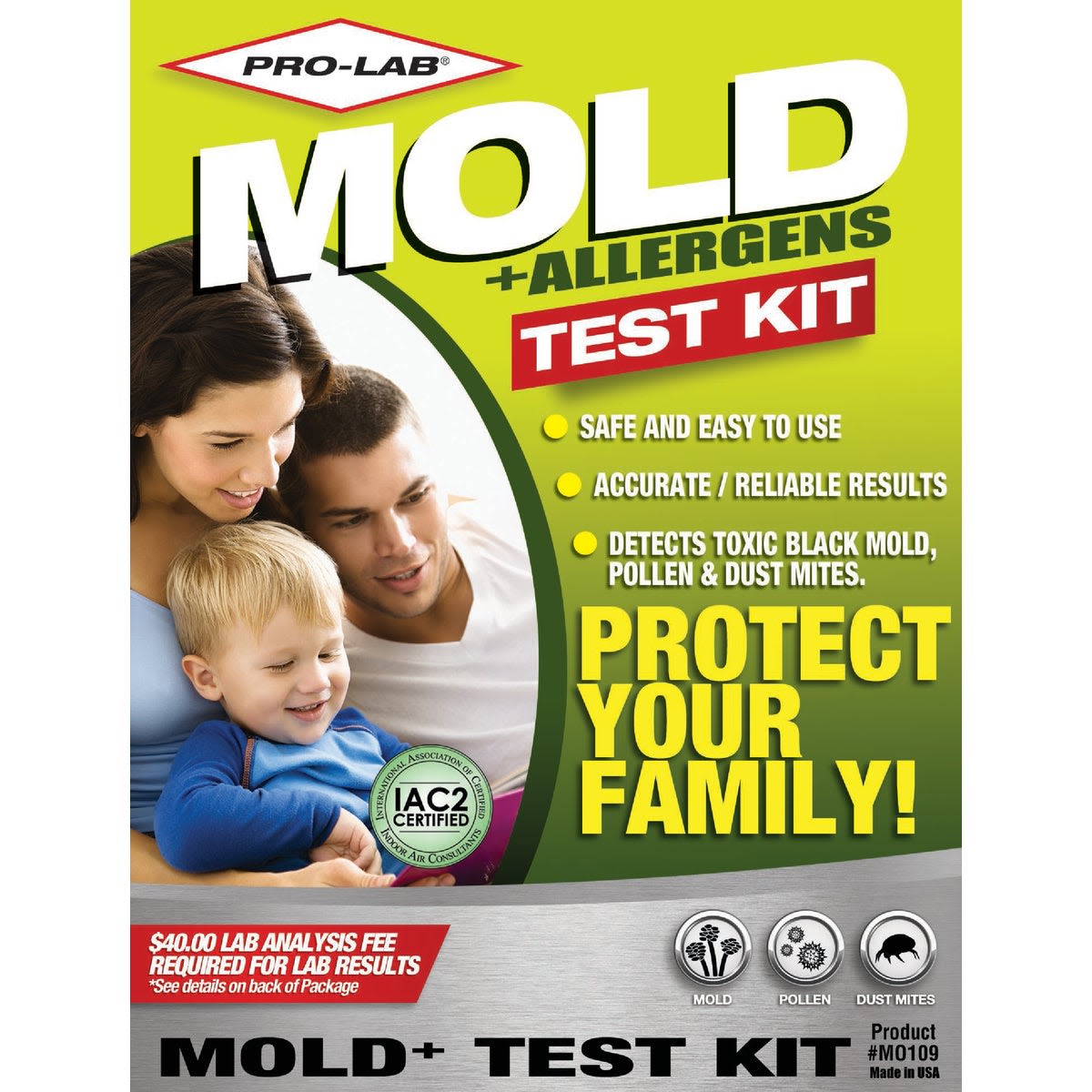 Bright green mold test kit packaging showing a family with safety and allergen detection claims in Paint & Supplies collection