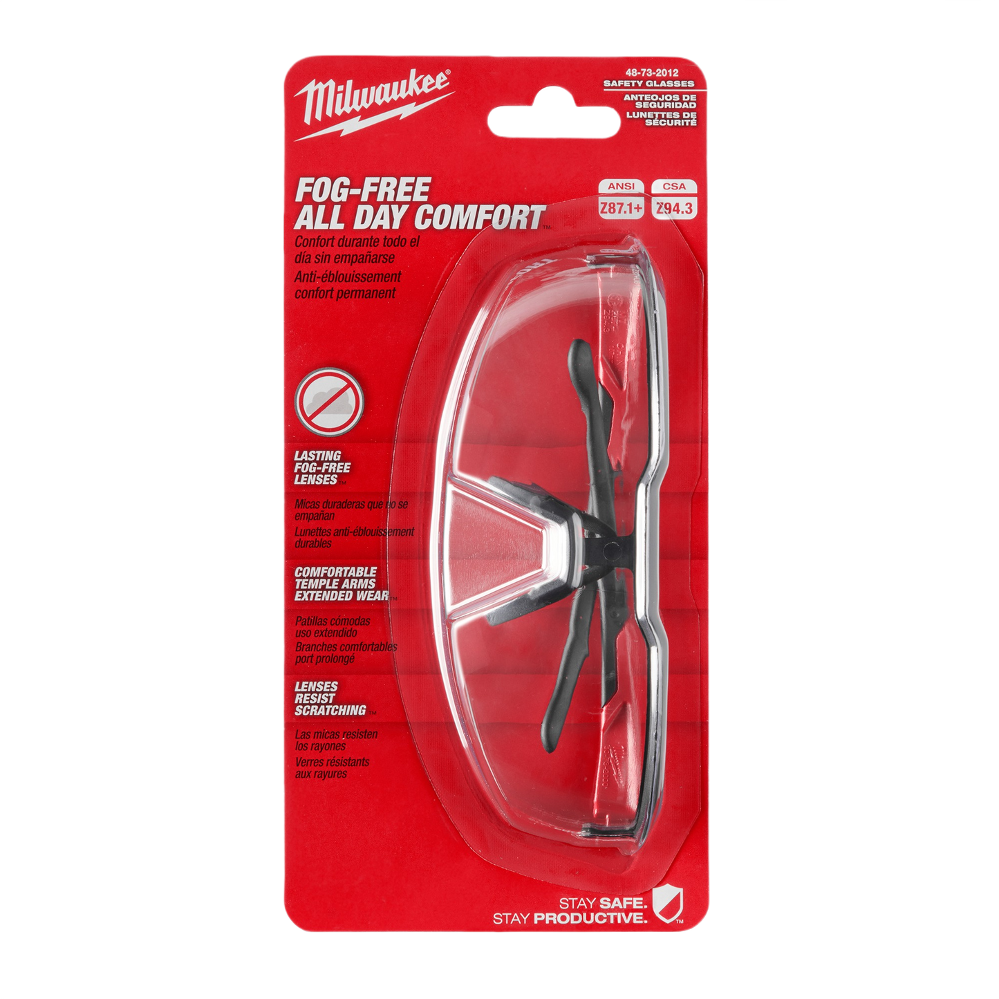 Clear fog-free lens safety glasses with black temple arms for protective eyewear in hardware and safety gear collections