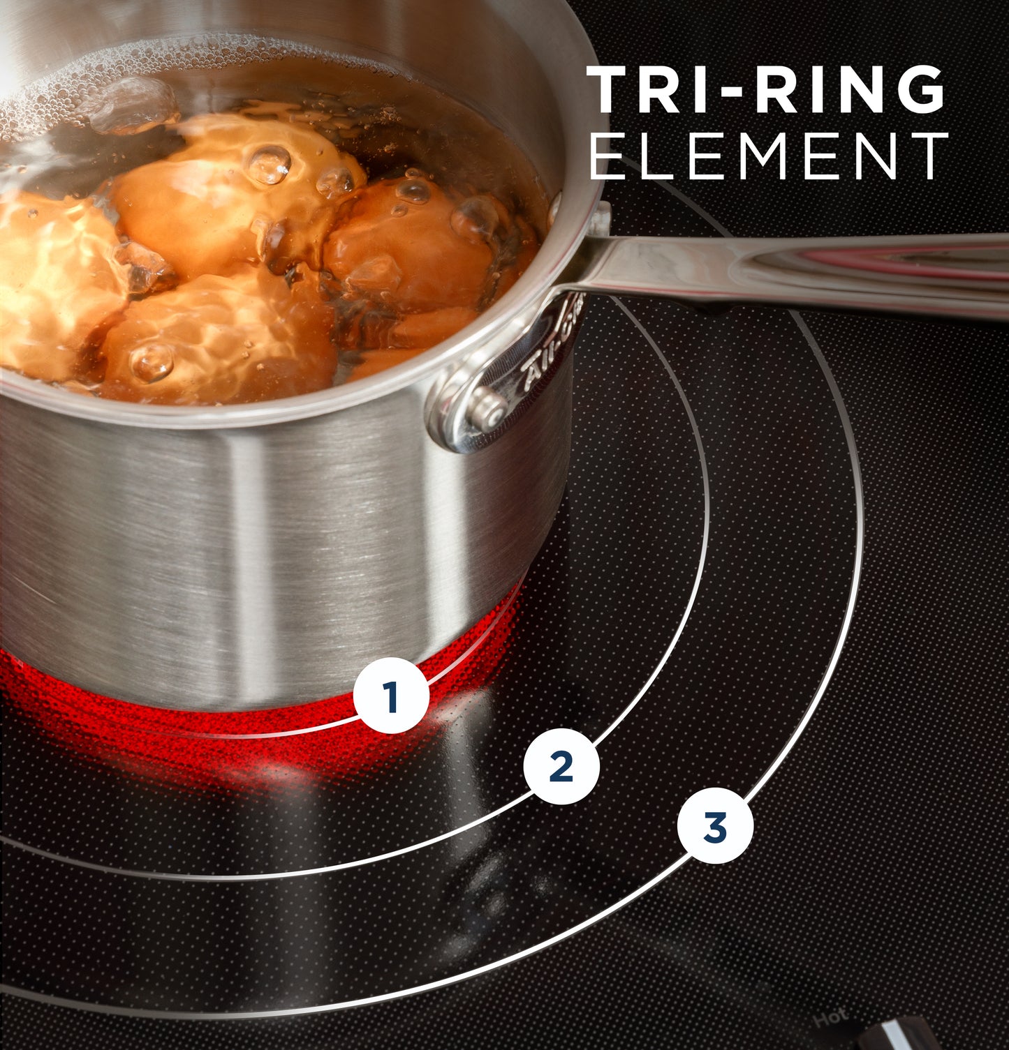 Stainless steel pot boiling eggs on a tri-ring electric cooktop element from kitchen appliances collection
